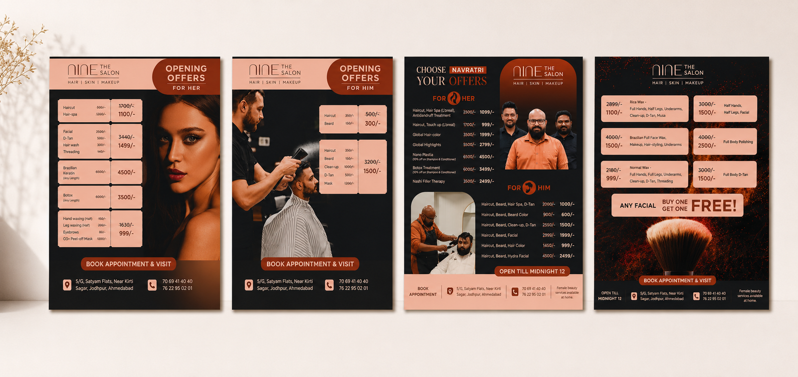Nine The Salon offer flyers — opening offers for her and him, Navratri offers and facial promotions